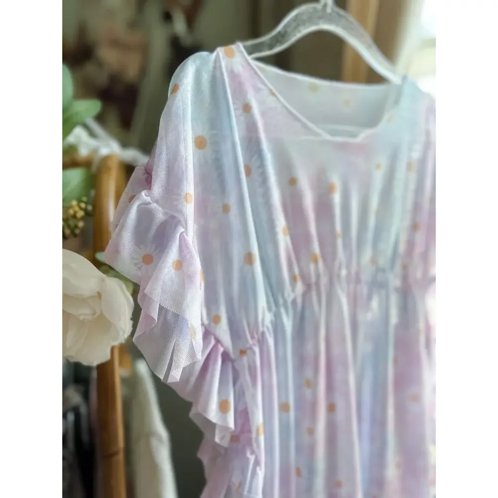 Flower Child Blooming Daisy Mesh Pastel Swim Coverup 3/4